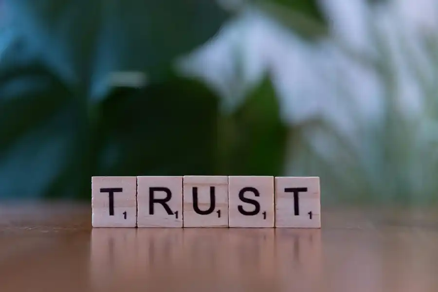 Wooden letter tiles spelling TRUST on a table against a soft green background